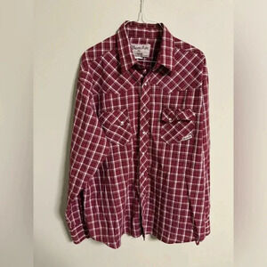 Wrangler Western Red Plaid Long Sleeve Pearl Snap Shirt Mens Size XL Vintage